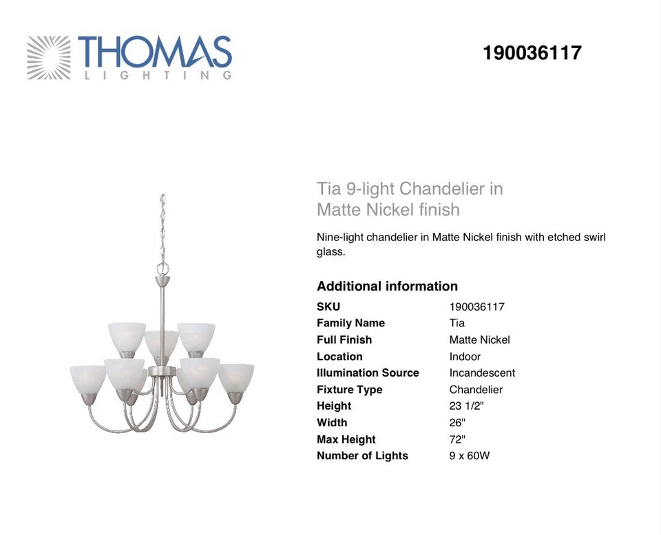 Chandelier Thomas Lighting 190036117 Tia 9-Light Matte Nickel - Image 4 of 4