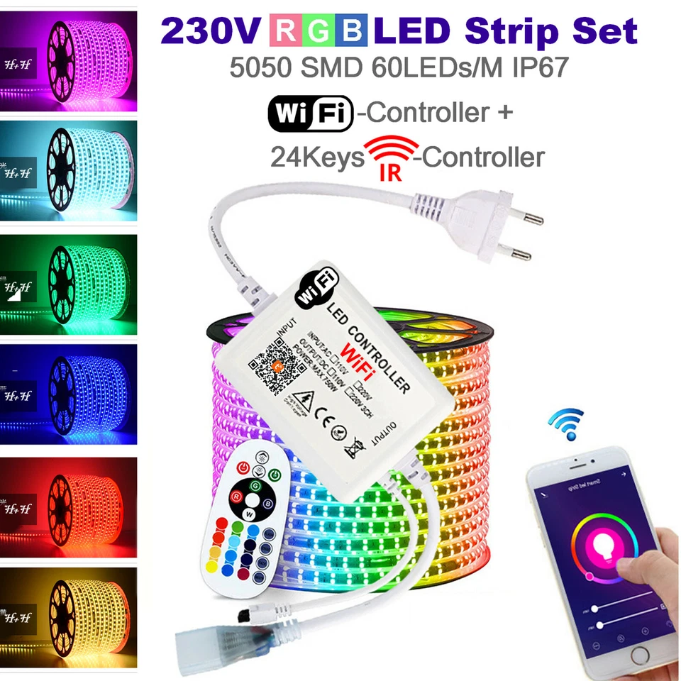 2-50M 230V RGB LED Streifen Strip 60LEDs/M RF IR Bluetooth WiFi Controller - Bild 2 von 4