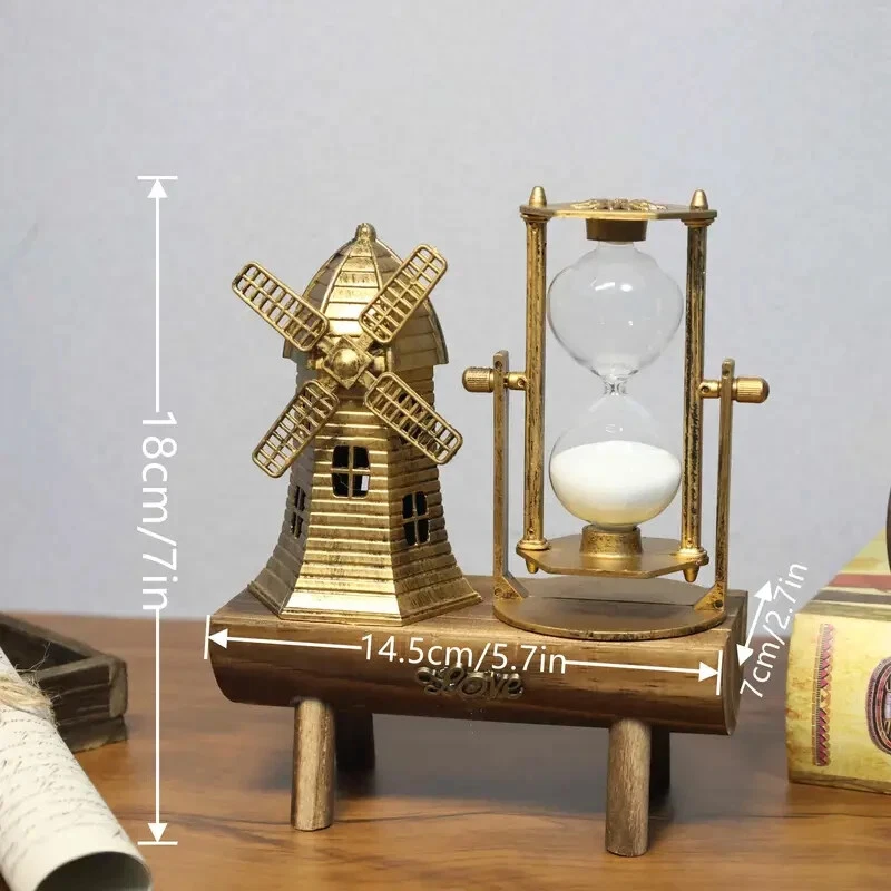 Figura Reloj Molino de Viento Intage - Temporizador de Vidrio Decorativo Base de Madera Regalo Hogar Foto 2 de 4