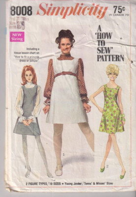 8008 SIMPLICITY c.1968 How to Sew - DRESS/JUMPER BLOUSE - Jr/Teen Sz9/10 B30.5''