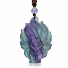 Natural Fluorite crystal nine tail fox Necklace Amulet pendant with rope Chain