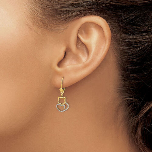 14K Solid Two Tone Gold Cat Heart Dangle Earrings - Picture 2 of 3