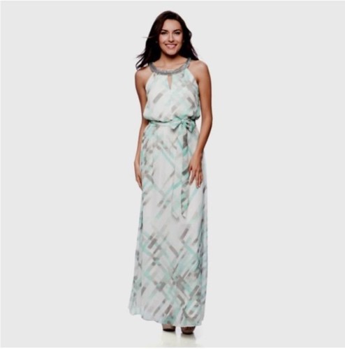 Vince Camuto Maxi Dress Women 14 White Blue Gray Geometric Keyhole Halter Beaded - Picture 11 of 11