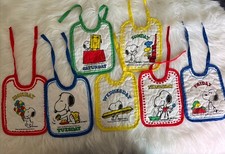 7 VINTAGE Peanuts Snoopy Woodstock Cloth Baby Bibs Schulz Days of Week PREOWNED