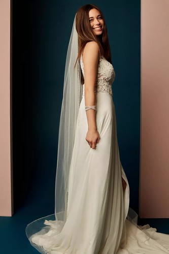 Galina Ivory Size 14 Applique Illusion Chiffon Wedding Dress STYLE# SWG842 NWT - Picture 4 of 24