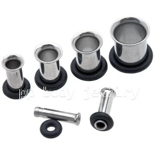 PAR de tapones para los oídos de túnel acampanados individuales de acero quirúrgico con junta tórica negra 14 g - 00 g Foto 2 de 2