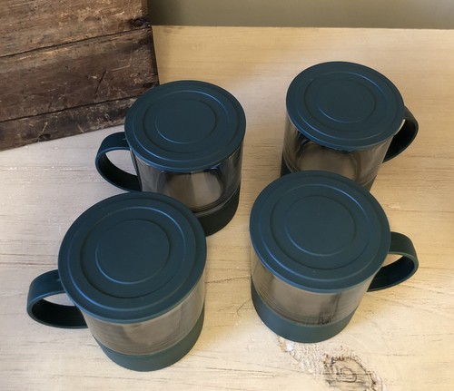 (4) Vintage Stacking Convertible Glass Mugs Removable Dark Green Handles & Lids - Picture 4 of 16