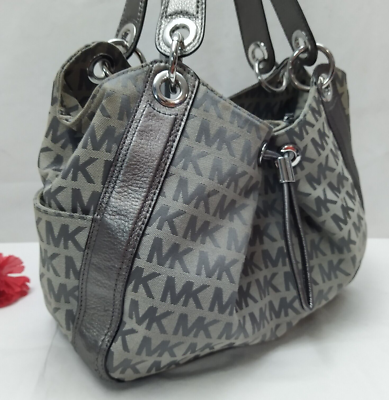 Michael Kors Gray Canvas Leather Trim MK Printed Drawstring  display picture 3