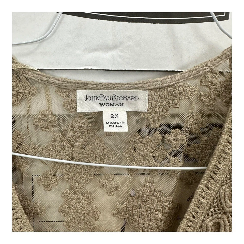 Blusa túnica adornada con ganchillo/encaje beige talla 2X de John Paulrichard para mujer Foto 3 de 4