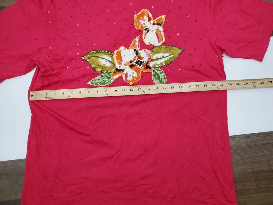 VINTAGE Mujer Talla Grande 1X Rojo Carolina Colores Flores Camisa Lentejuelas Camiseta XL Foto 4 de 4