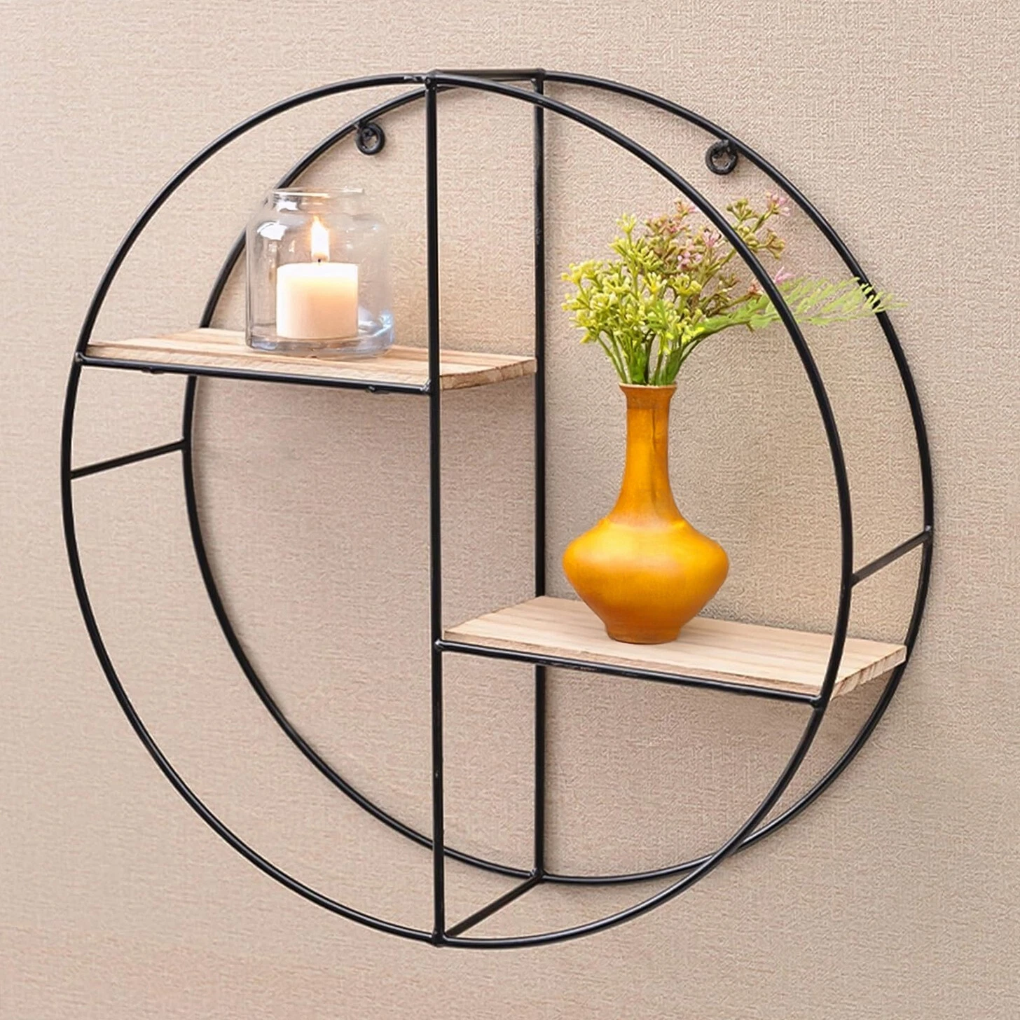 Round Metal Wall Shelf Home Decor Wooden Hanging Shelves Display Unit Storage