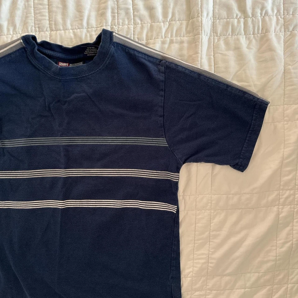 Vintage 90s faded glory navy blue striped short sleeve tee boys size 8 10 grunge - Image 2 of 4