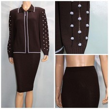 St. John Collection Brown Jacket Skirt L 12 10 2pc Suit Blue Crochet Trim Ribbed