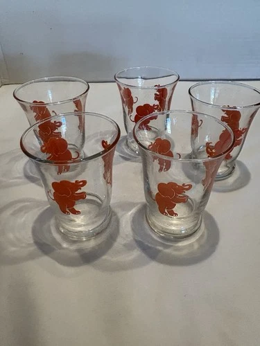 Set Of 5 1950s Vintage Hazel Atlas Dancing Drunk Pink Elephants Glass Shot Glass