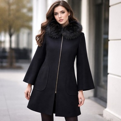 ZARA Jacket Womens Medium Black Duffle Coat  Fur  Collar Wool Blazer Full Zip