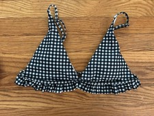 Women's Gingham Polyamide Padded Ruffle Adjustable Triangle Bikini Top Gray L