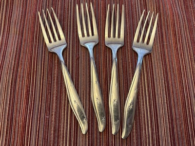 #ad 4 Mar Crest Citation Stainless Atomic Starburst Flatware Vintage Salad Forks 6” $12.00