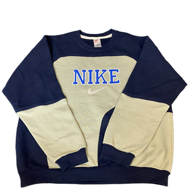 Nike Reworked Sweatshirt Herren L Navy Beige Embroidered Spellout Logo Vintage Y2K