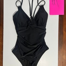 Black Ruched V-Neck One-Piece Swimsuit, Criss-Cross Back, Size M