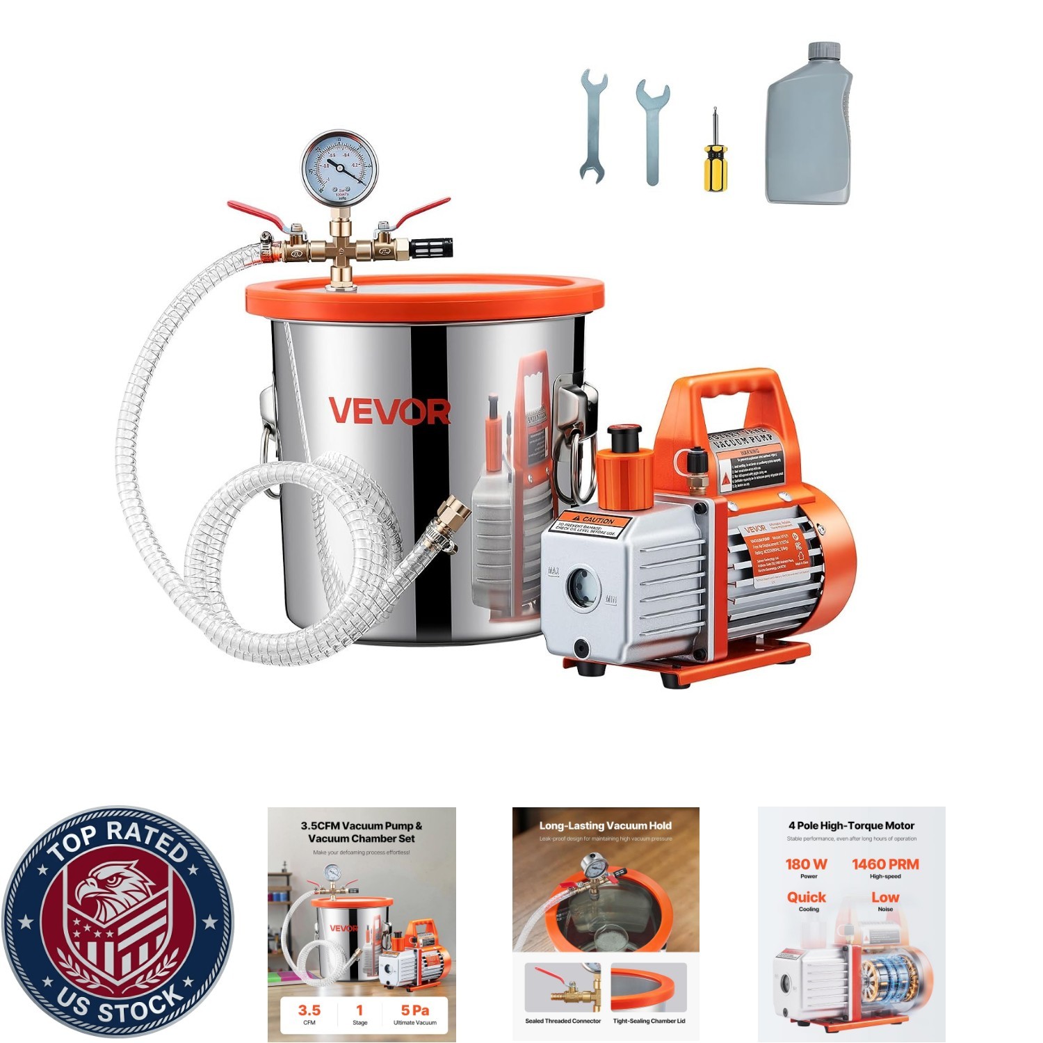 3 Gallon Vacuum Chamber With Pump, 3.5 CFM, Stainless Steel Degassing Chamber