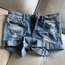 Distressed Denim Cut Off Shorts Women's Size 2 Blue Button Zip 5-Pocket RN154379