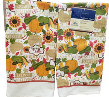2 Same Microfiber Kitchen Towels 15"x25" FALL,HARVEST,PUMPKINS,SUNFLOWERS, GR