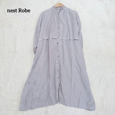 nest Robe Linen100% Long Shirt Dress Gray Lace Trim Button Front Free Size Japan