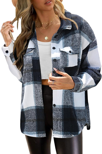 Giacca Da Donna a Scacchi Giacca a Maniche Lunghe Shacket Cappotto Flanella Cami 7445012143186 ...