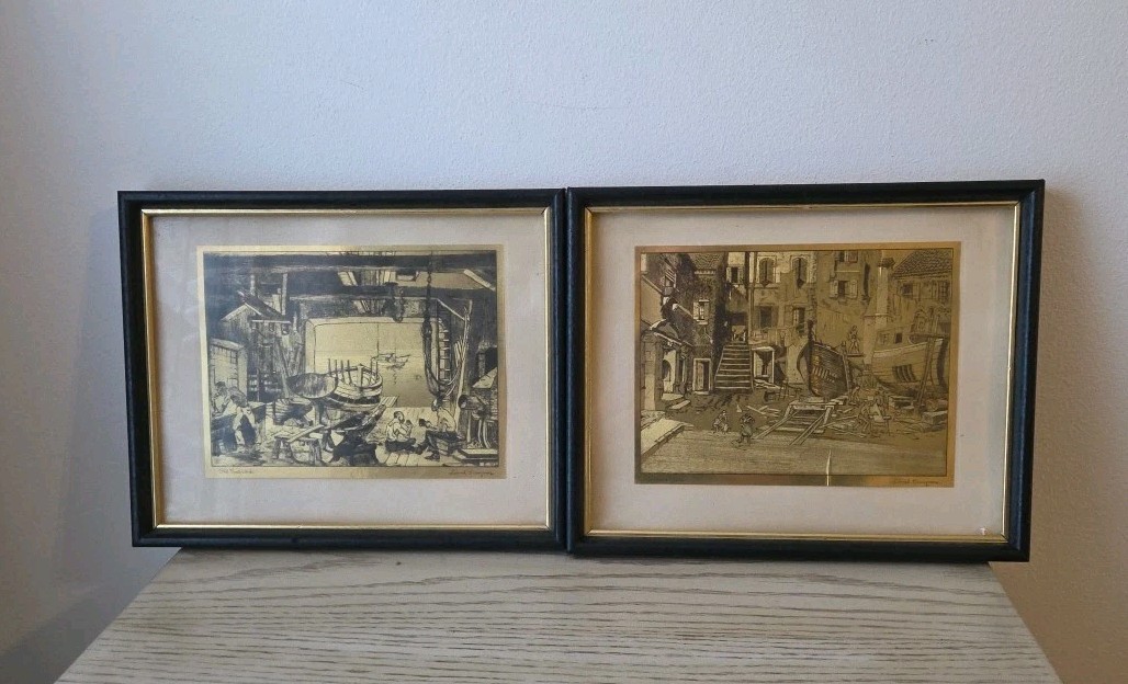 Lionel Barrymore Signed Vintage Etched Gold Foil Art Prints Set of 2 Framed