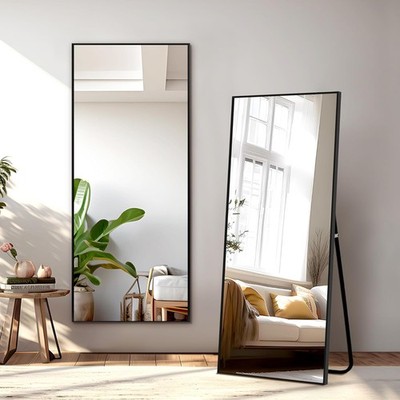 Full Length Mirror with Stand, 56''x19'' Aluminum Alloy Frame Floor Mirror, Black,