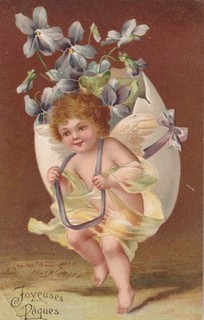 cpa gaufrée JOYEUSES PAQUES ANGELOT ange hotte oeuf violettes