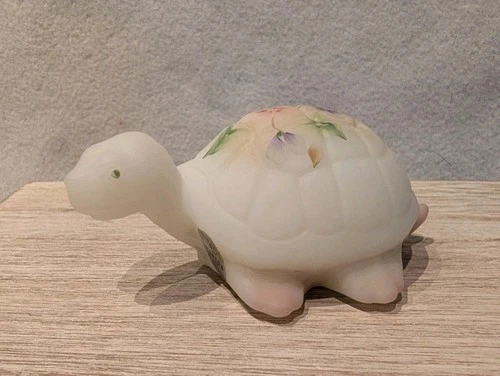 Vintage Fenton Hand Painted White Milk Glass Turtle Figurine C A Hall With Box