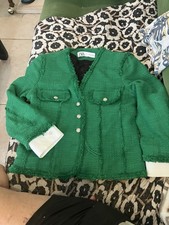 Zara Women  s Kelly Green Tweed Boucle Rhinestone Button w Cuffs Blazer Jacket XS