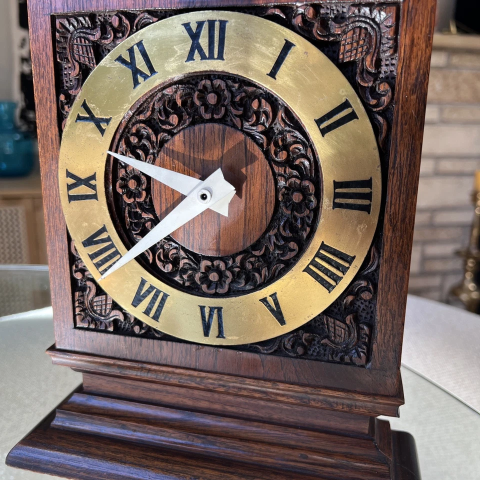 Hand Carved Thai Teak Mantel Clock Suriya MCM Japan Movement Scandanavian MCM - Image 3 of 4