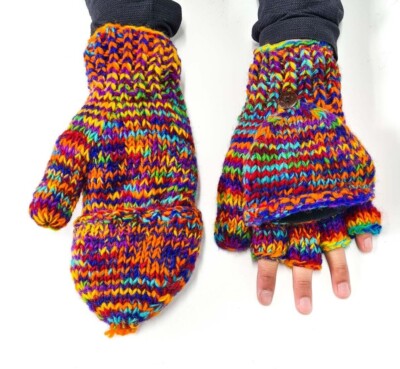 Rainbow PURE WOOL Gloves HANDKNITTED Warm Winter Fingerless Mittens Nepal Lining