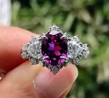 2CTW Oval Cut Lab-Created Amethyst Halo Engagement Ring Real 925 Sterling Silver