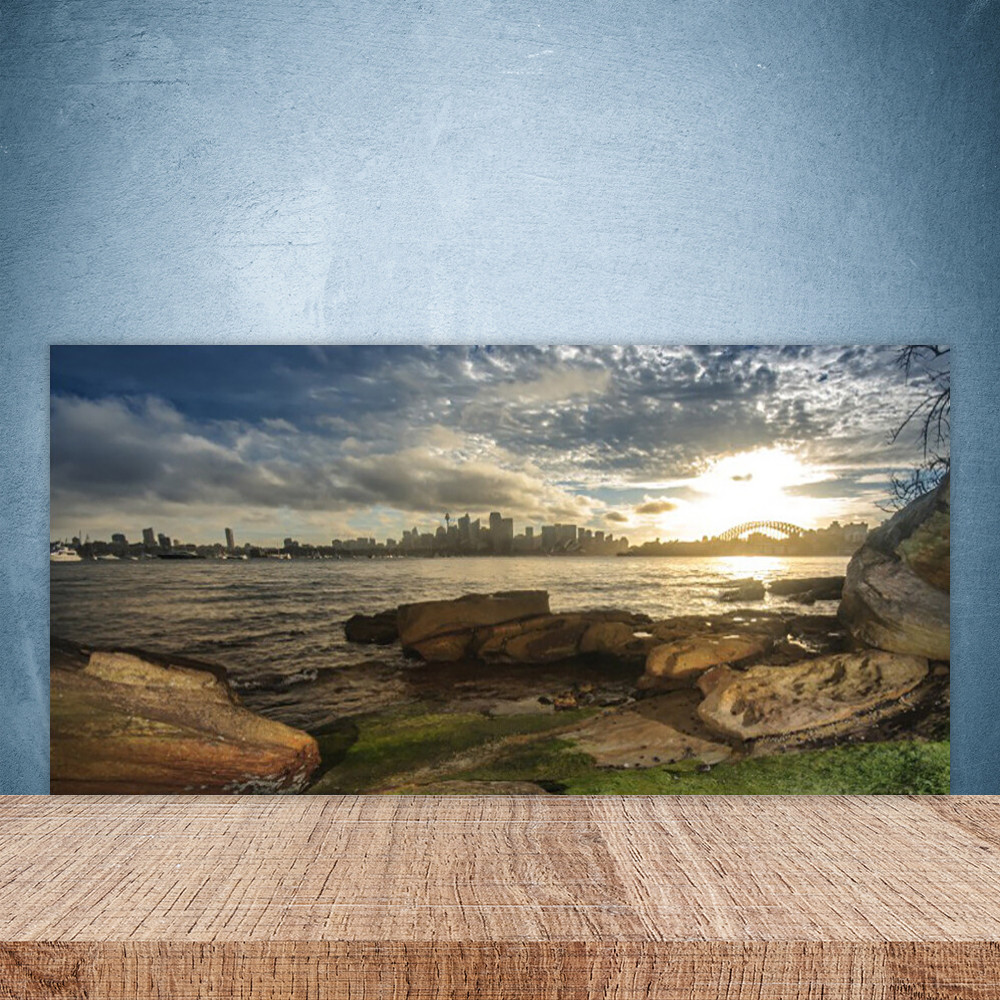 Crédence de cuisine en verre 100x50 cm motif paysage marin et jetée en pierres