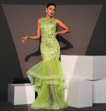 Womens 2024 Sexy Sequin Round Neck Gauze Evening Mermaid Dress Cocktail Prom 908