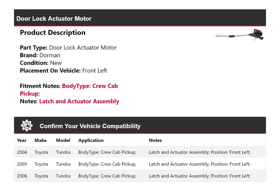 Actuador de cerradura de puerta para Toyota Tundra 2004-2006 doble cabina Dorman motor delantero izquierdo Foto 2 de 4