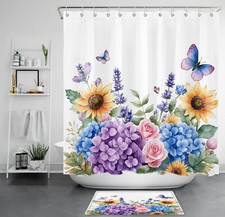 Green Leaves Sunflower Blue Hydrangea Shower Curtain Set for Bathroom Decor