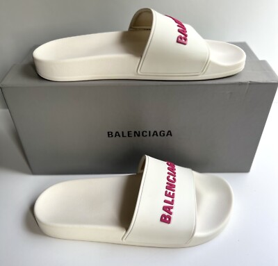 【関税＆送料込み】Balenciaga Slides With Logo Balenciaga $395 Women's Smooth Logo Pool Slide Sandals White