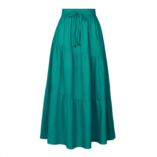 Lady Casual Solid Color Cotton Linen Elastic Waist Fashion Summer Long Skirt - Picture 24 of 26