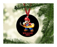 MARIO WITH NAME CUSTOM ORNAMENT - 3.5" ROUND METAL - DOUBLE SIDED NINTENDO