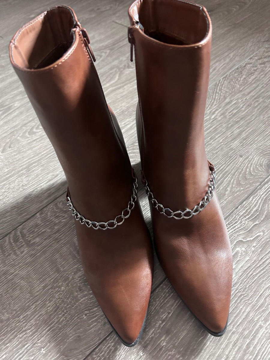Womens Chain Pointed Toe Ankle Boots, Cognac size