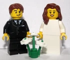 LEGO Bride Brown Hair & Groom Black Suit Wedding Minifigure Flowers