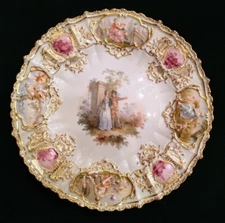 Rare Early MEISSEN Cabinet Plate Watteau Handpainted Beauty & Complex 6 versions