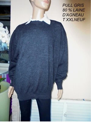 PULL GRIS FONCE COL ROND 80 % LAINE D'AGNEAU NEUF T XXL - Photo 1/4