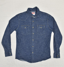 Wrangler Men's Denim Shirt Cotton Blue Size M Pearl Snap Long Sleeve Western