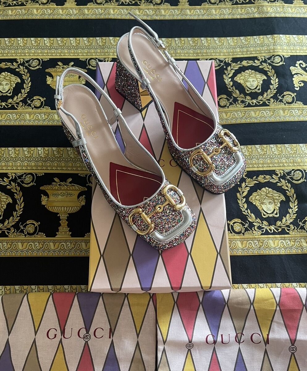 NEW GUCCI Glitter Horsebit Slingback Pumps Shoes Lovelight NEW GUCCI Glitter Horsebit Slingback Pumps Shoes Lovelight