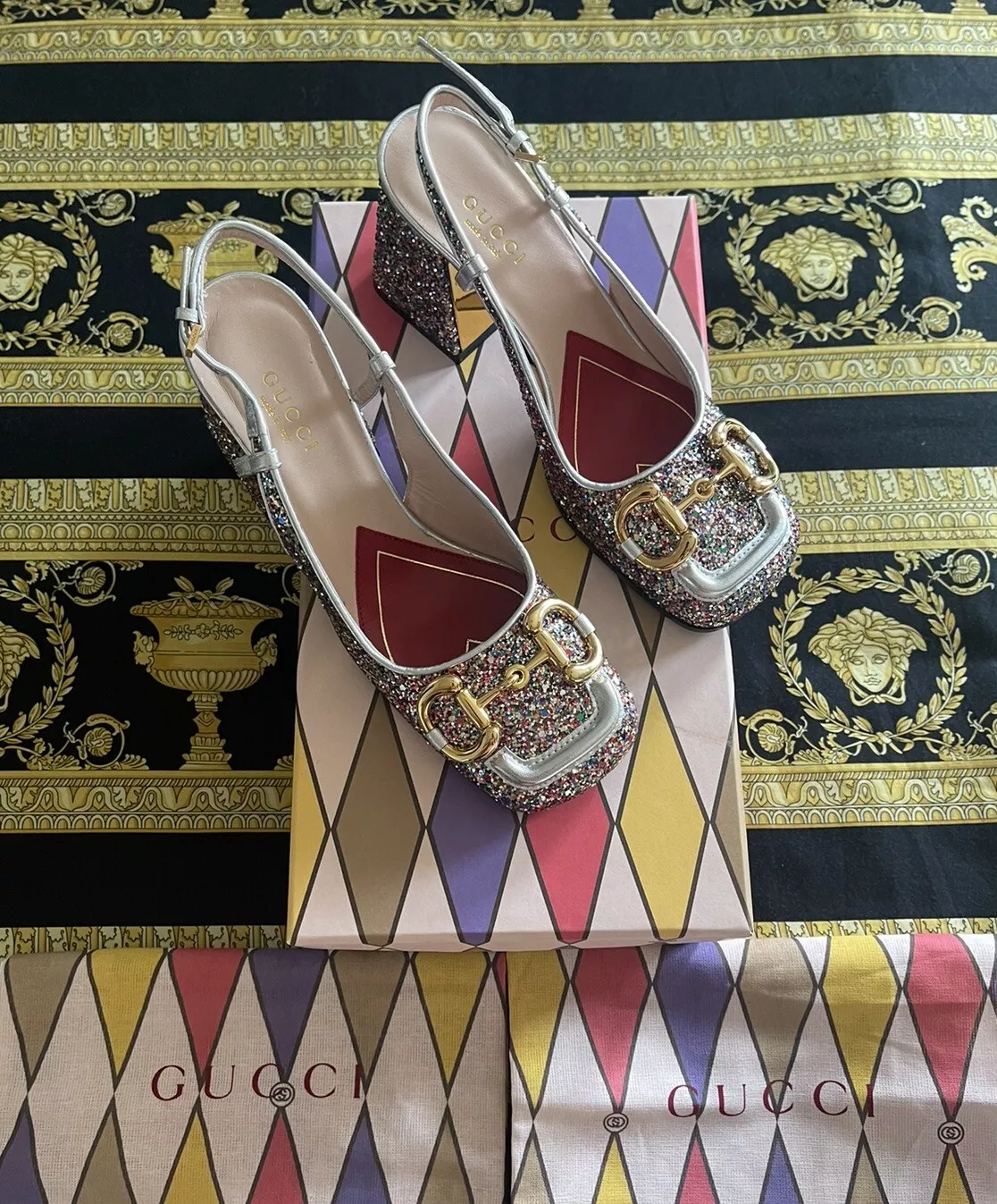NEUF GUCCI Glitter Horsebit Slingback Escarpins Chaussures Lovelight Cristal Or G 34